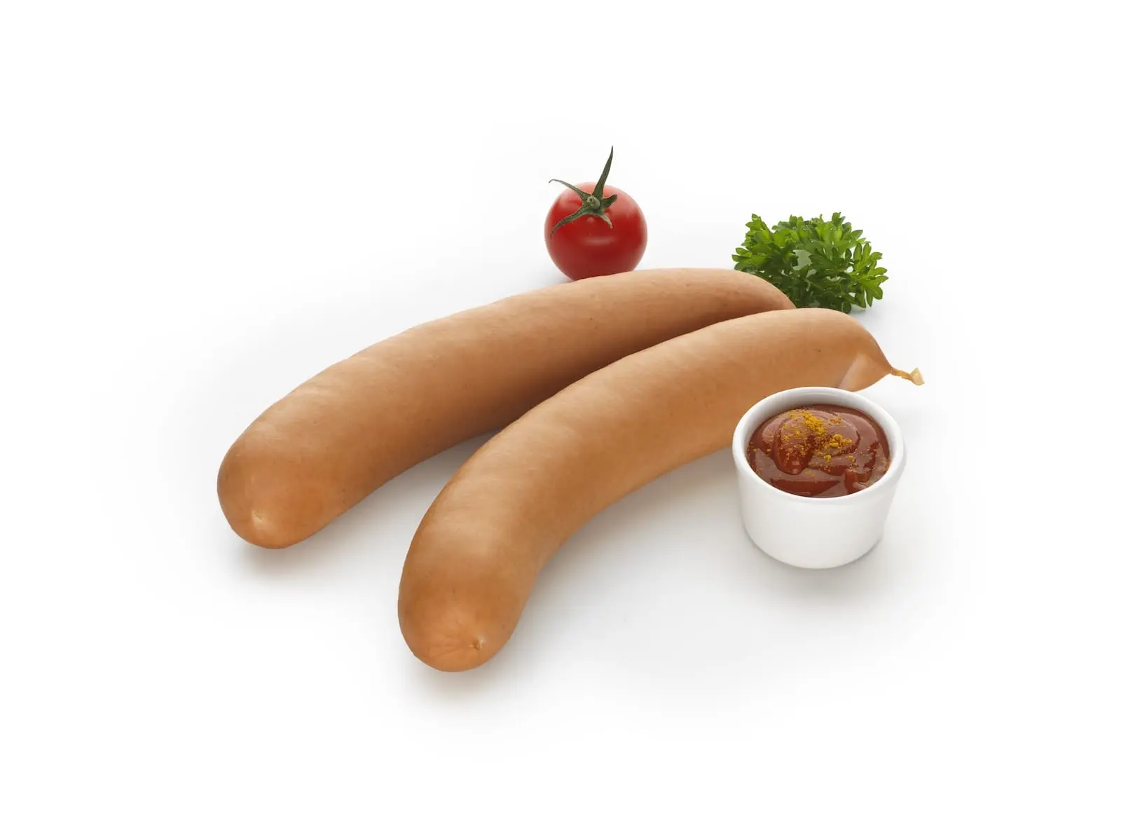 Zwei Berliner Currywürste mit Currysauce, Tomate und Petersilie